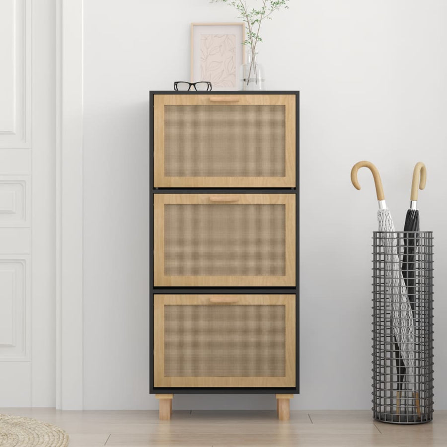 Schoenenkast 52X25X5 Cm Bewerkt Hout En Rattan Zwart