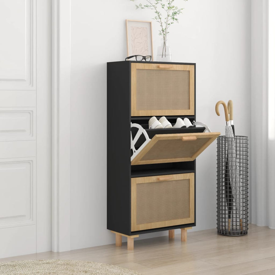 Schoenenkast 52X25X5 Cm Bewerkt Hout En Rattan Zwart