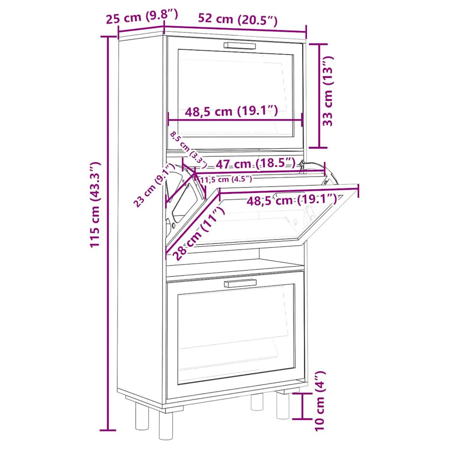 Schoenenkast 52x25x115cm bewerkt hout & natuurlijk rattan bruin