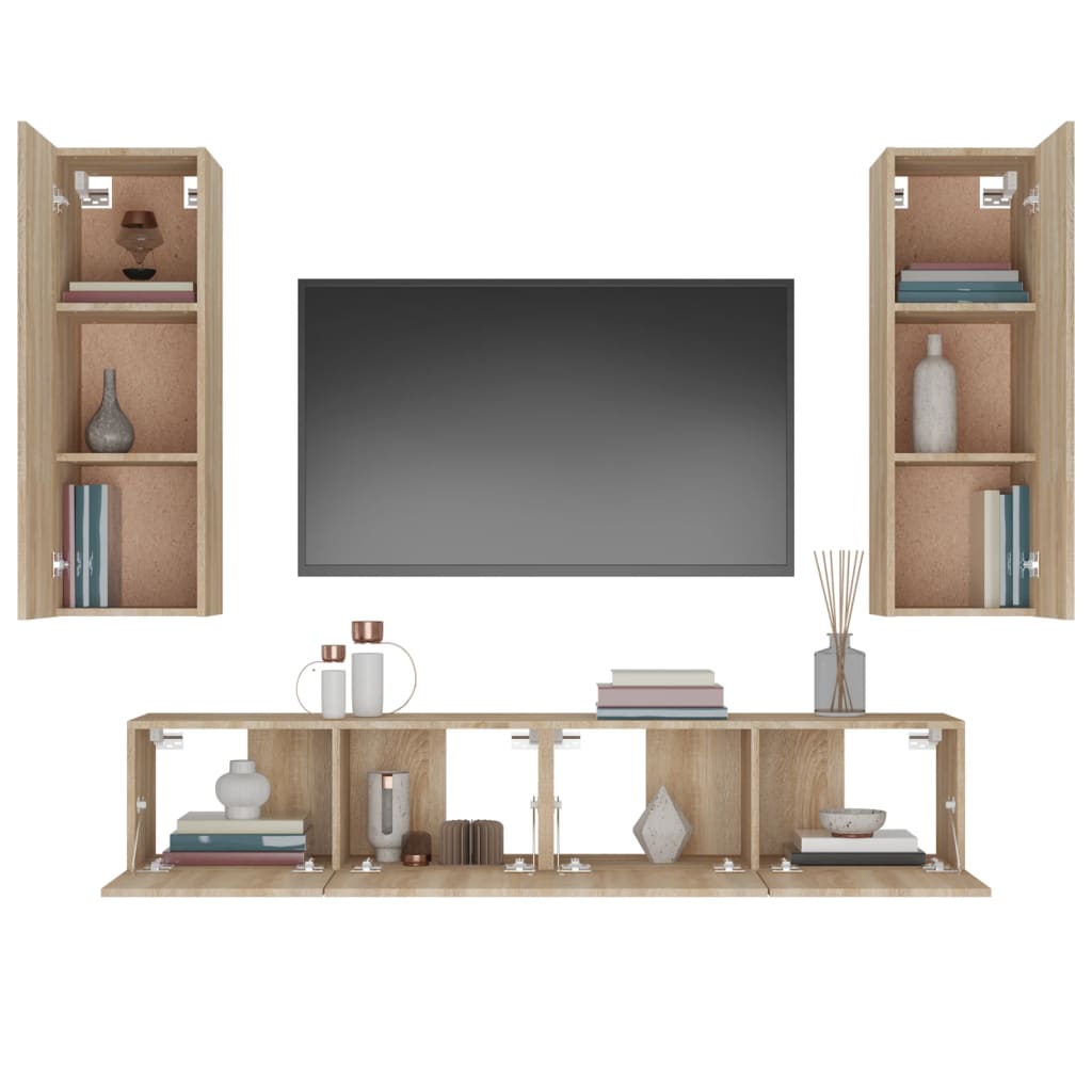 4-Delige Tv-Meubelset Bewerkt Hout Sonoma Eikenkleurig