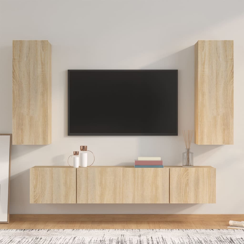 4-Delige Tv-Meubelset Bewerkt Hout Sonoma Eikenkleurig