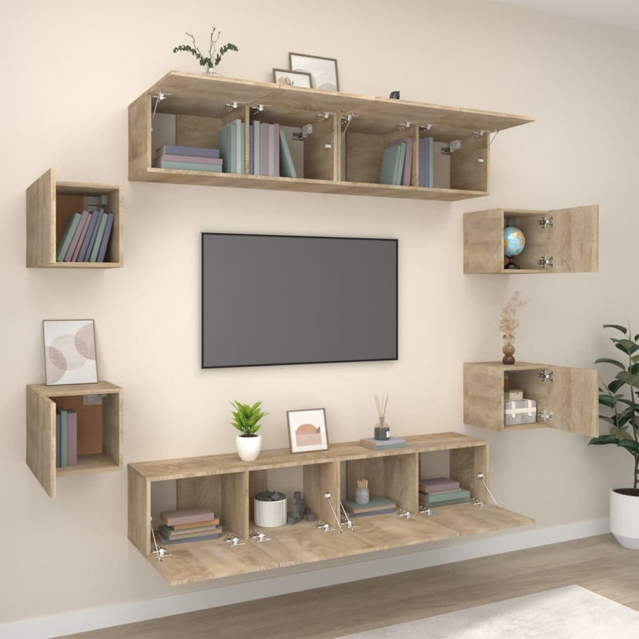 8-Delige Tv-Meubelset Bewerkt Hout Kleurig 80 x 30 x 30 cm Sonoma eiken