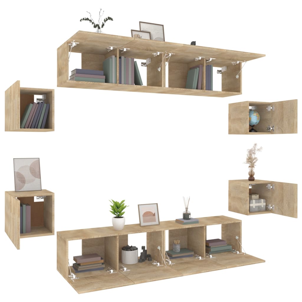8-Delige Tv-Meubelset Bewerkt Hout Kleurig 80 x 30 x 30 cm Sonoma eiken