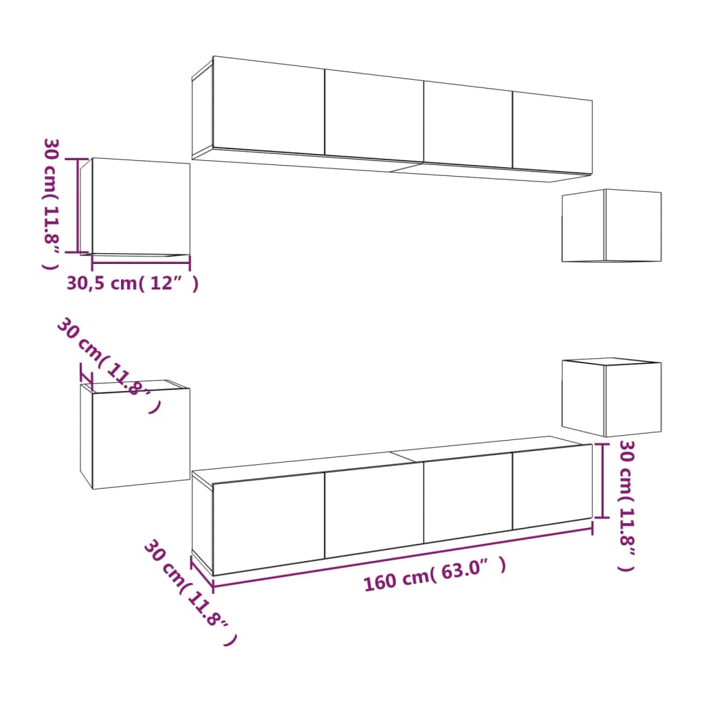 8-Delige Tv-Meubelset Bewerkt Hout Kleurig 80 x 30 x 30 cm Sonoma eiken