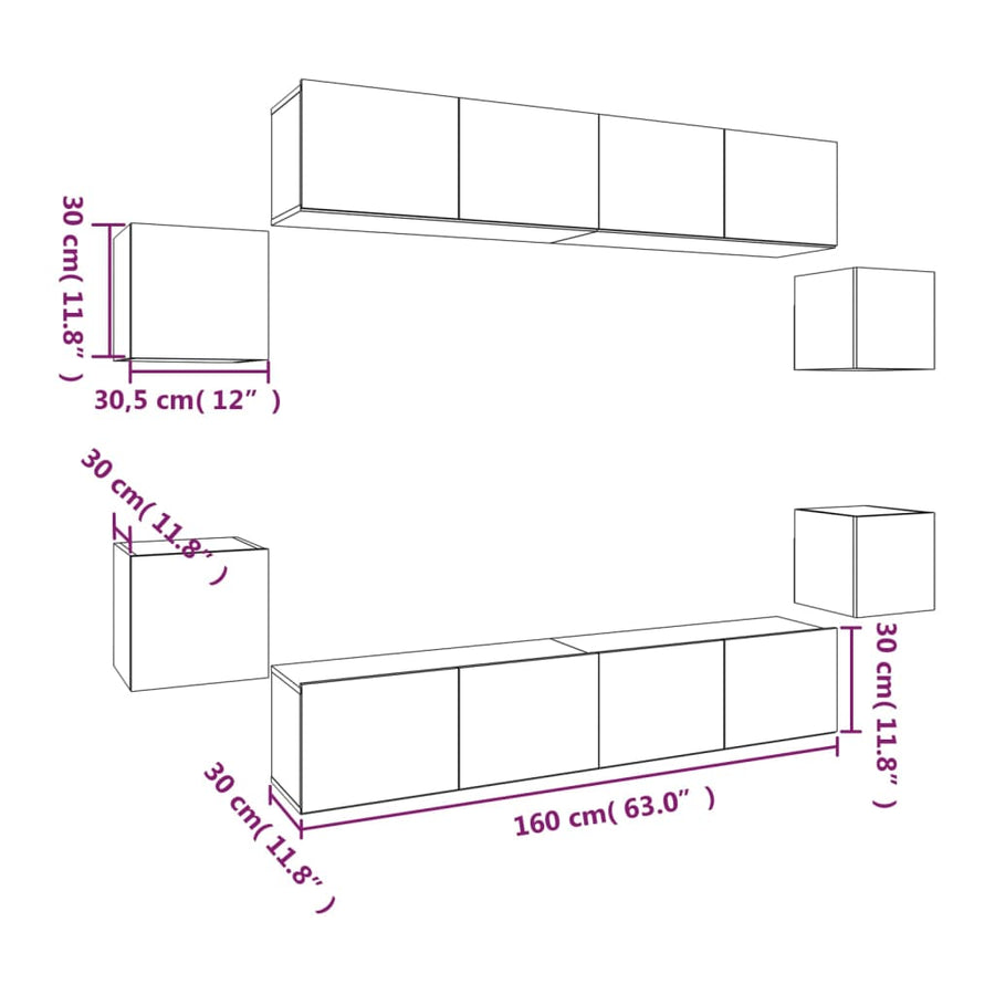 8-Delige Tv-Meubelset Bewerkt Hout Kleurig 80 x 30 x 30 cm Sonoma eiken