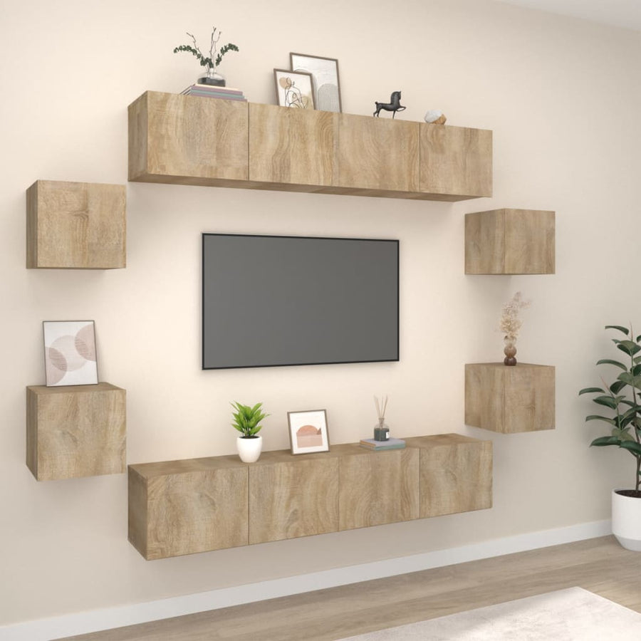 8-Delige Tv-Meubelset Bewerkt Hout Kleurig 80 x 30 x 30 cm Sonoma eiken