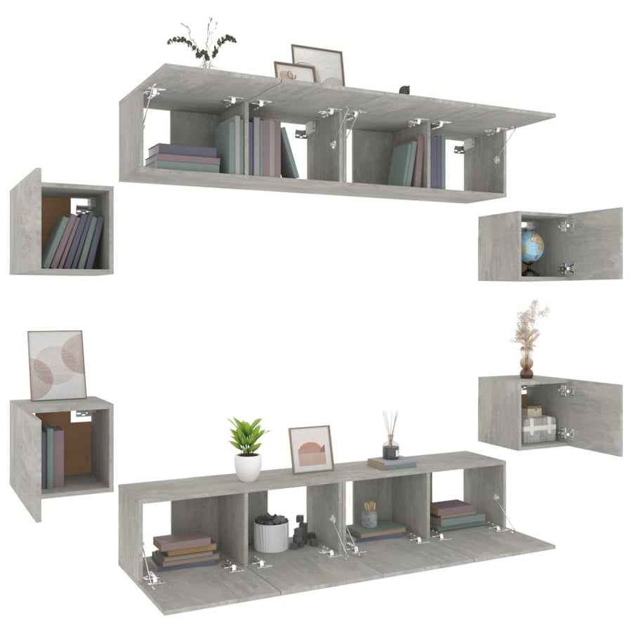 8-Delige Tv-Meubelset Bewerkt Hout 80 x 30 x 30 cm Betongrijs