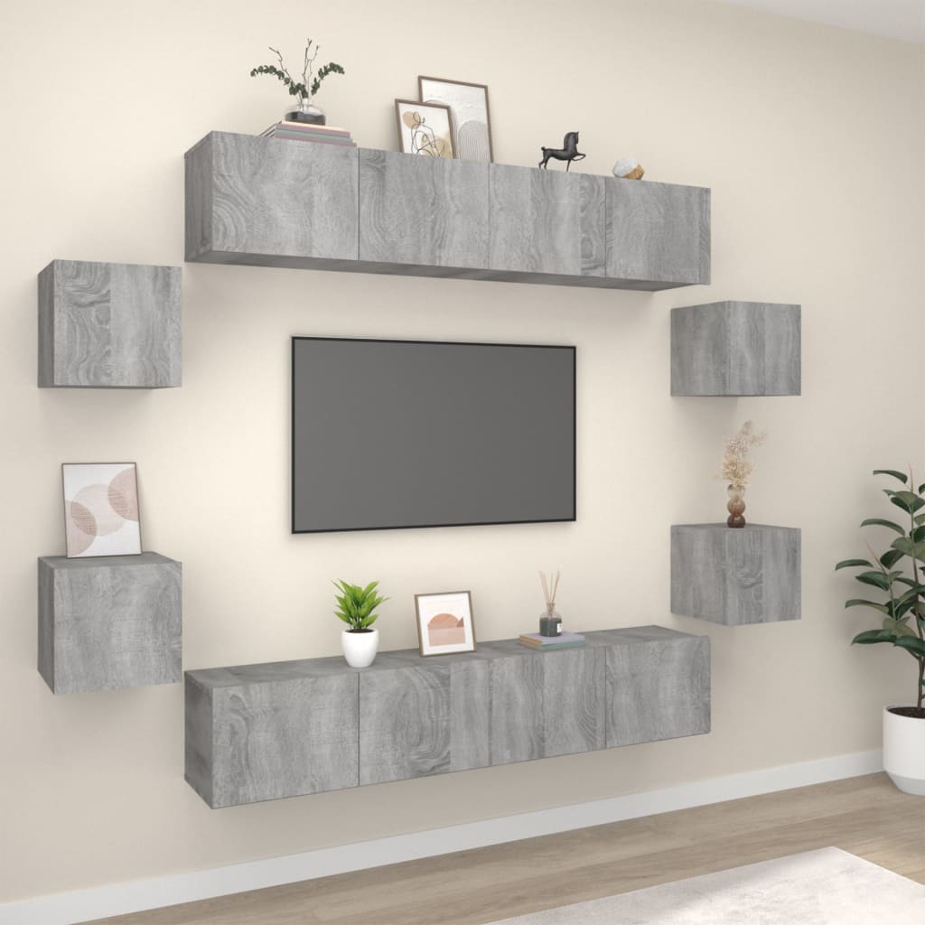 -Delige Tv-Meubelset Bewerkt Hout Eikenkleurig 8 80 x 30 x 30 cm Grijs sonoma