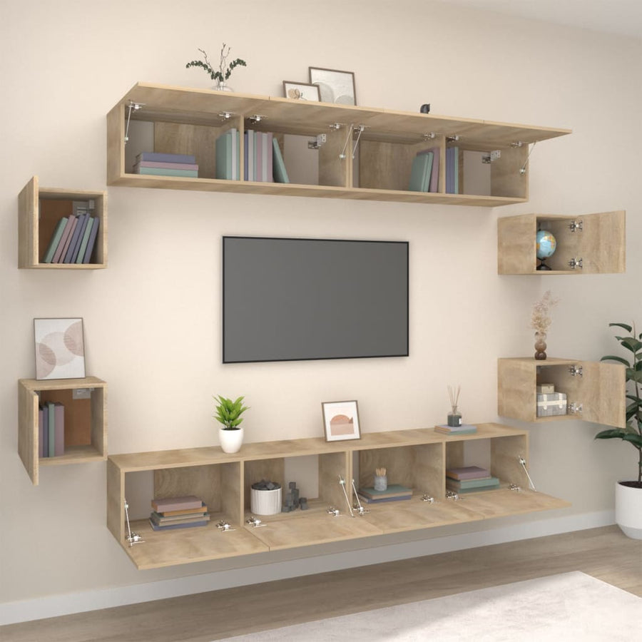 8-Delige Tv-Meubelset Bewerkt Hout Kleurig 100 x 30 x 30 cm Sonoma eiken
