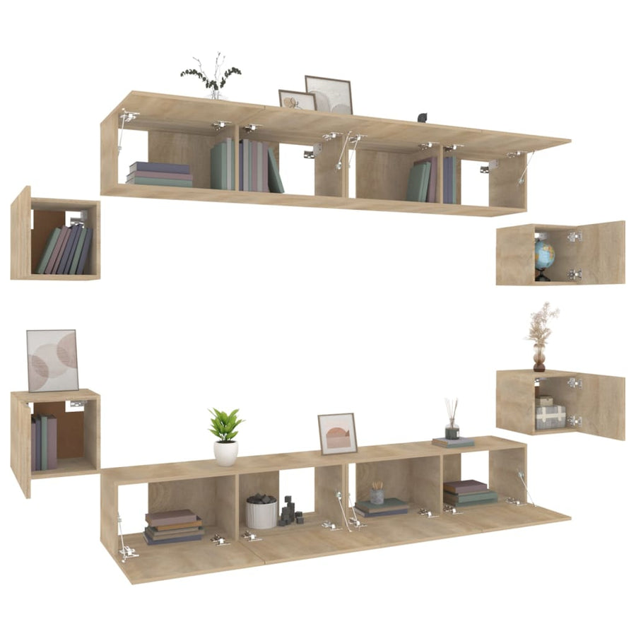 8-Delige Tv-Meubelset Bewerkt Hout Kleurig 100 x 30 x 30 cm Sonoma eiken