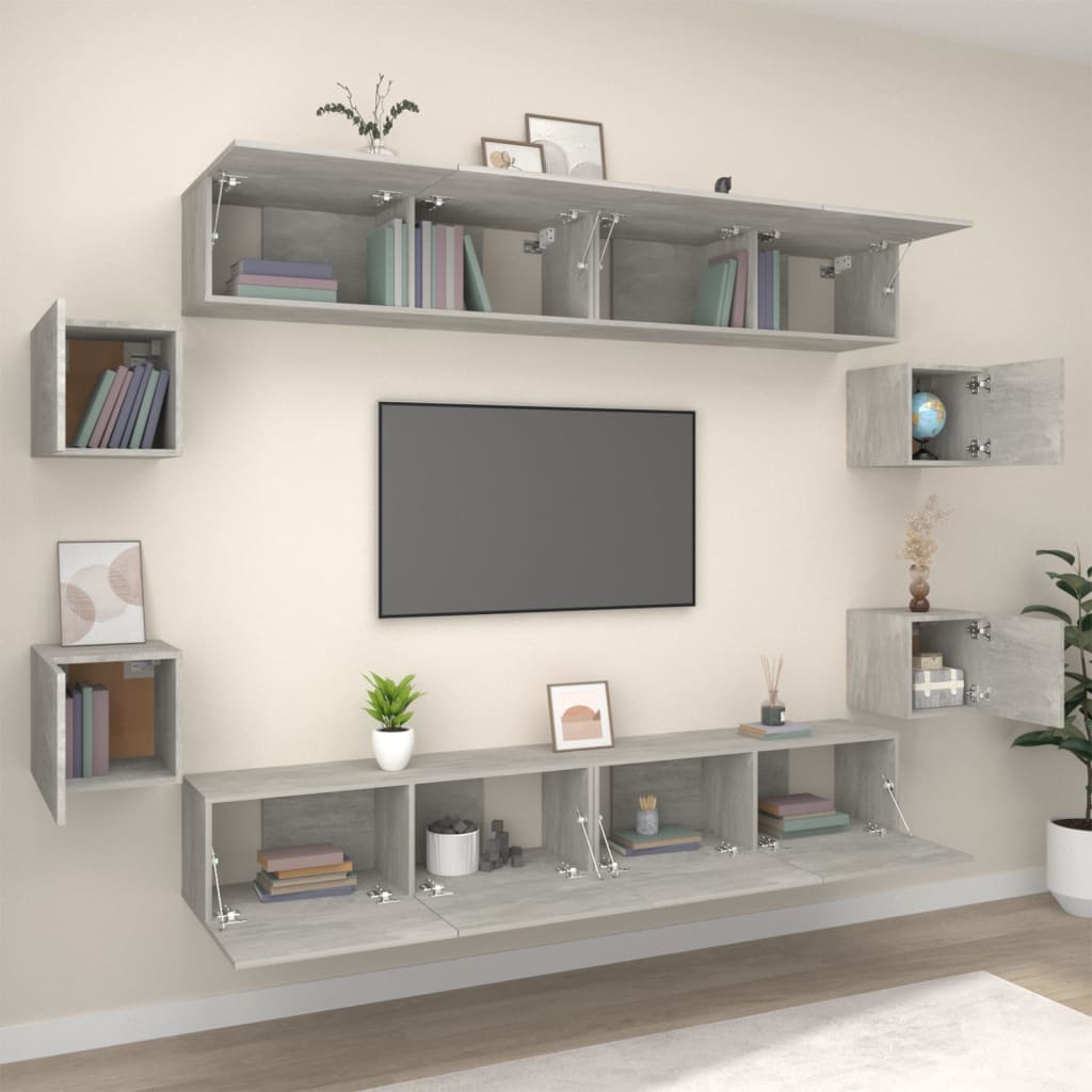 8-Delige Tv-Meubelset Bewerkt Hout 100 x 30 x 30 cm Betongrijs