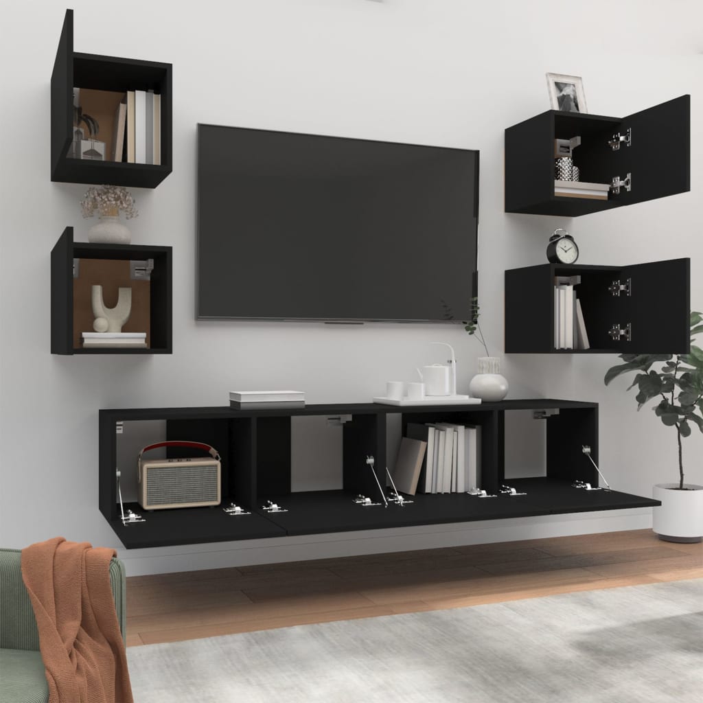 -Delige Tv-Meubelset Bewerkt Hout 6 80 x 30 x 30 cm Zwart