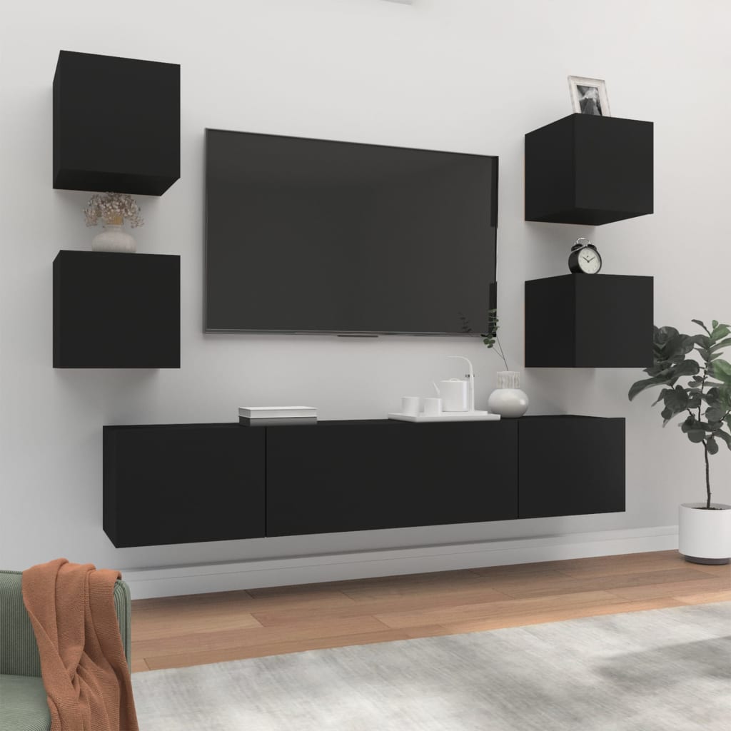 -Delige Tv-Meubelset Bewerkt Hout 6 80 x 30 x 30 cm Zwart