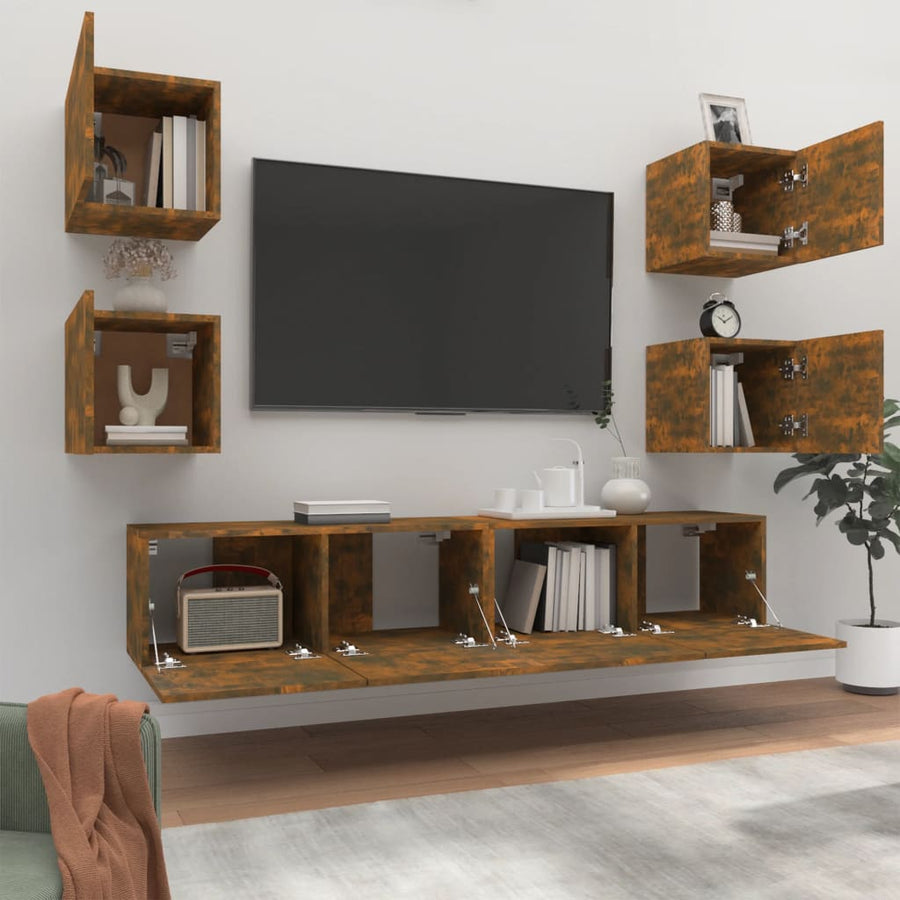 6-delige Tv-meubelset bewerkt hout gerookt eikenkleurig
