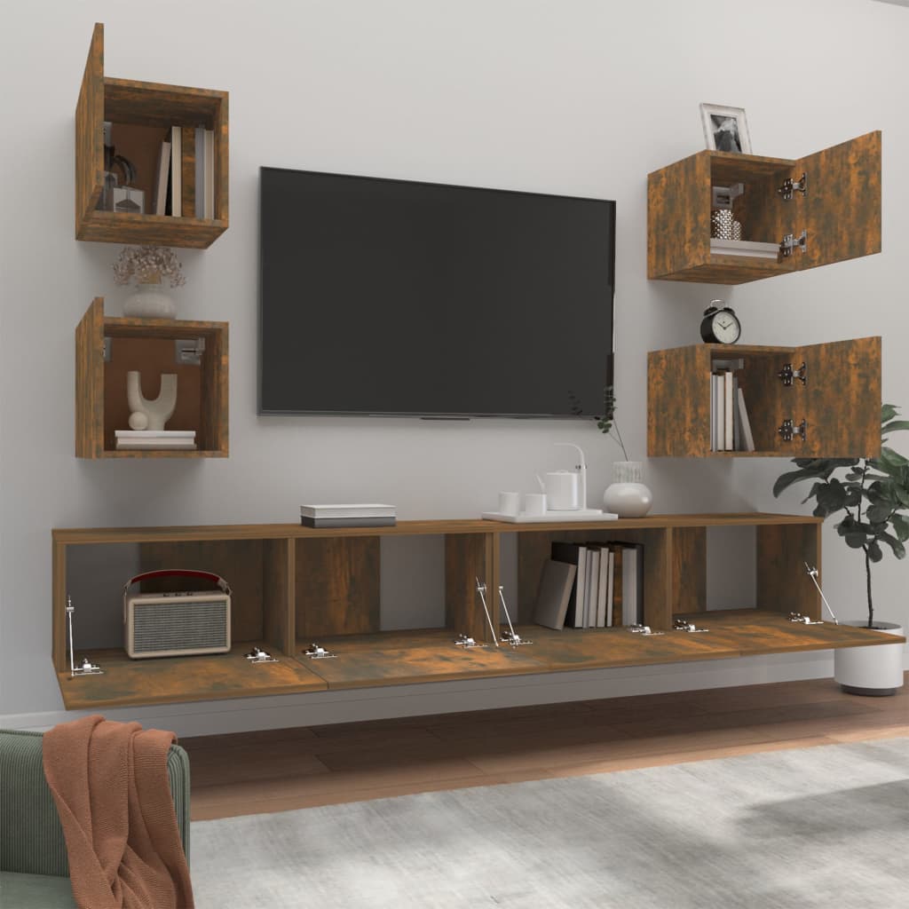 6-delige Tv-meubelset bewerkt hout gerookt eikenkleurig