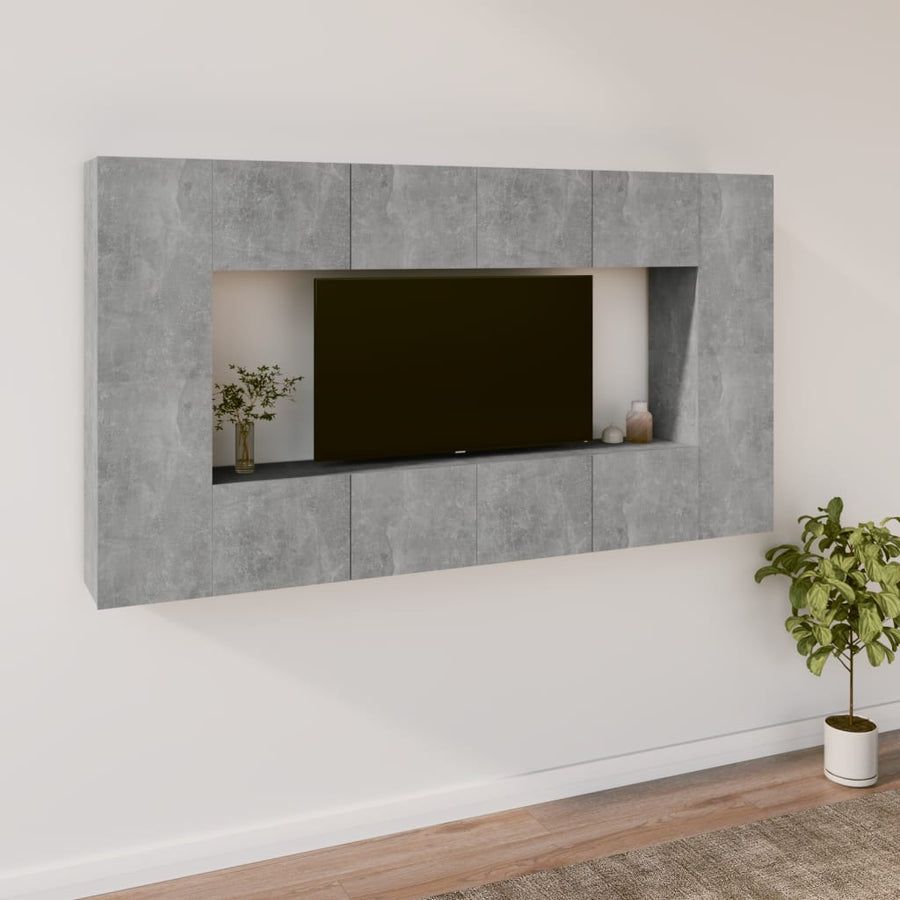 8-Delige Tv-Meubelset Bewerkt Hout Betongrijs