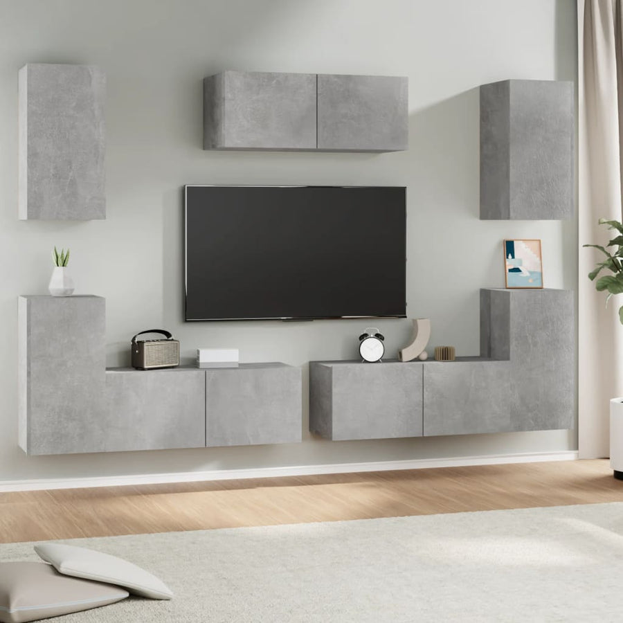 7-Delige Tv-Meubelset Bewerkt Hout Betongrijs