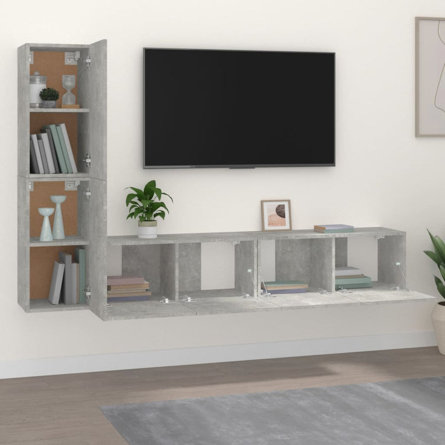 4-Delige Tv-Meubelset Bewerkt Hout Betongrijs