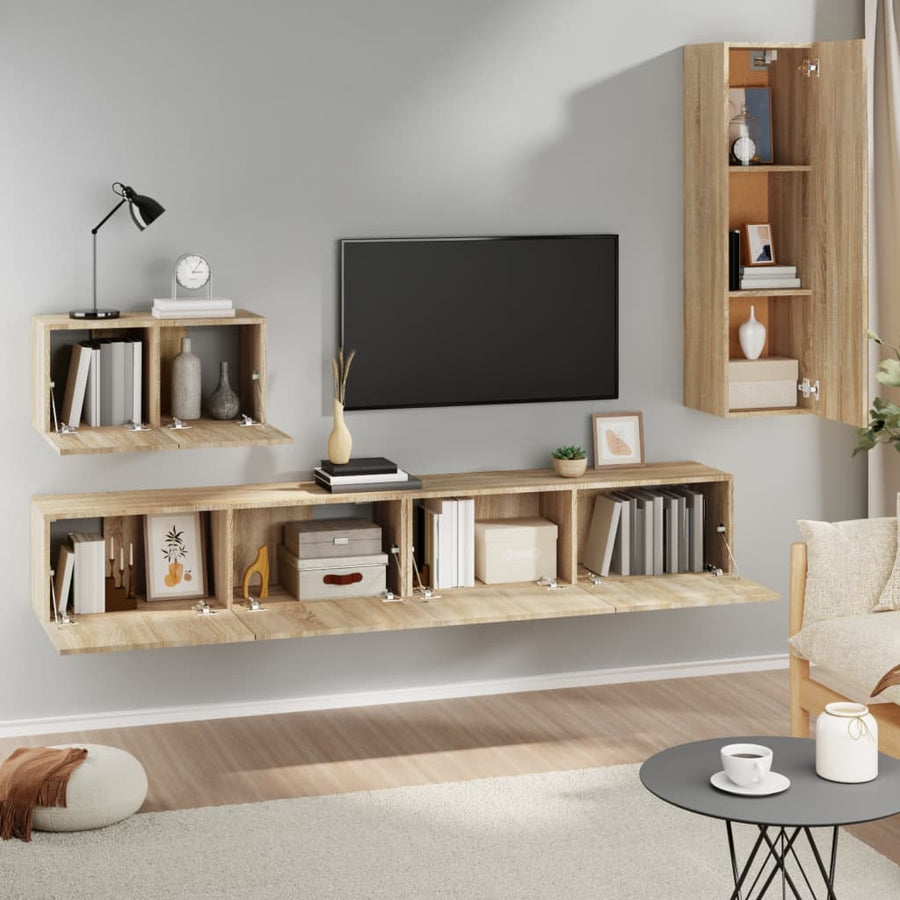 4-Delige Tv-Meubelset Bewerkt Hout Kleurig 110 cm Sonoma eiken