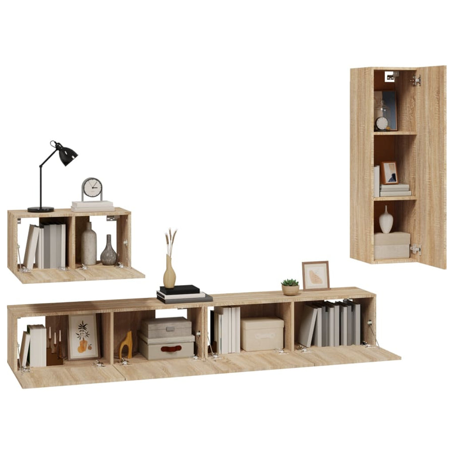 4-Delige Tv-Meubelset Bewerkt Hout Kleurig 110 cm Sonoma eiken