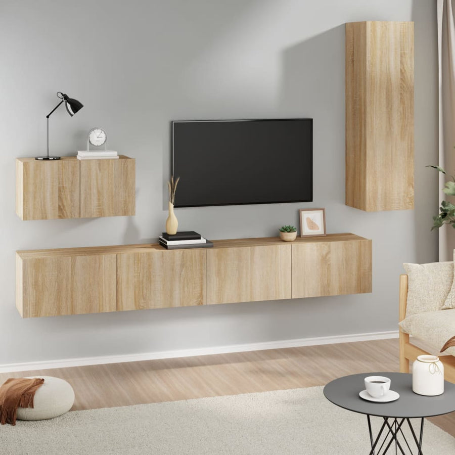 4-Delige Tv-Meubelset Bewerkt Hout Kleurig 110 cm Sonoma eiken