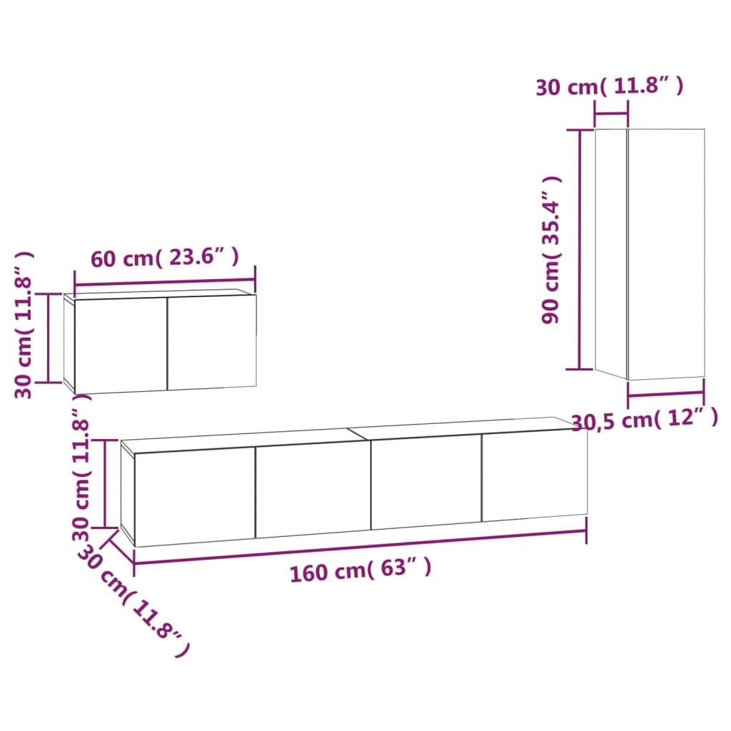 4-Delige Tv-Meubelset Bewerkt Hout 90 cm