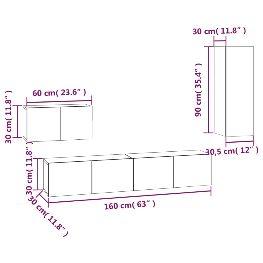 4-Delige Tv-Meubelset Bewerkt Hout 90 cm