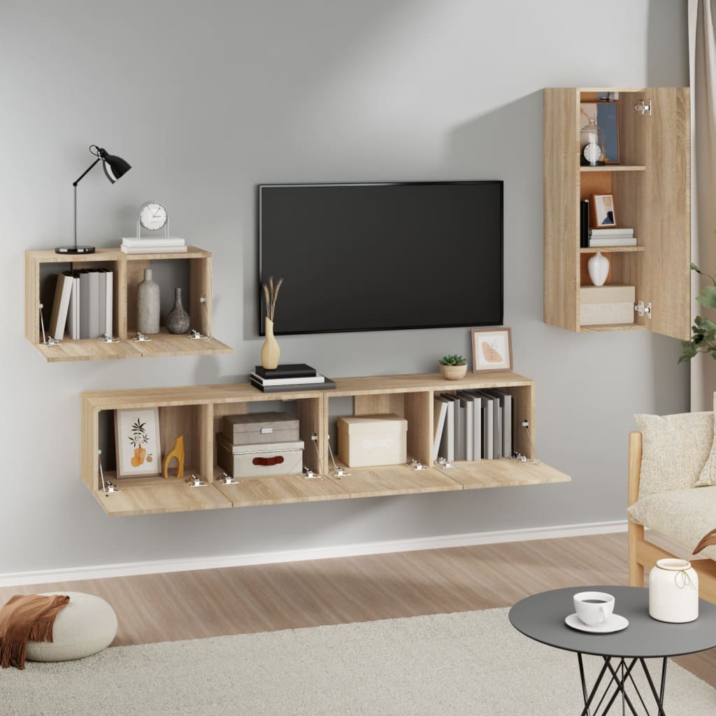 4-Delige Tv-Meubelset Bewerkt Hout Kleurig 90 cm Sonoma eiken