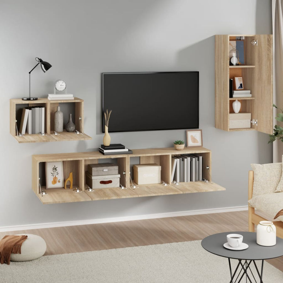 4-Delige Tv-Meubelset Bewerkt Hout Kleurig 90 cm Sonoma eiken