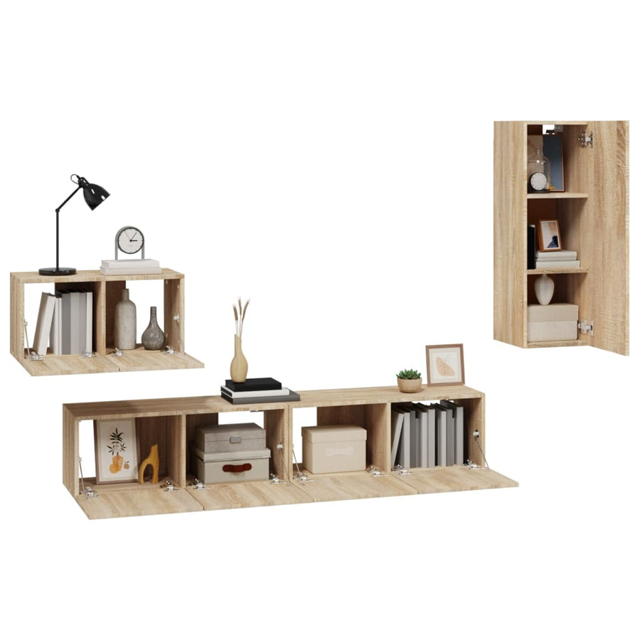 4-Delige Tv-Meubelset Bewerkt Hout Kleurig 90 cm Sonoma eiken
