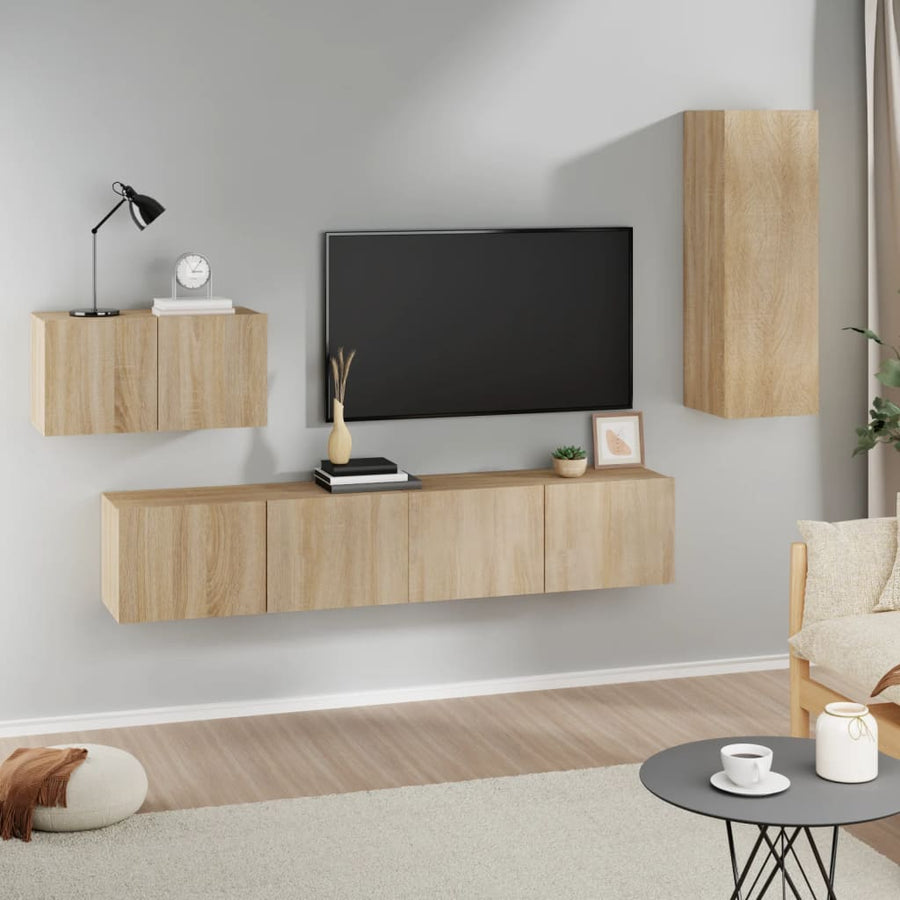 4-Delige Tv-Meubelset Bewerkt Hout Kleurig 90 cm Sonoma eiken