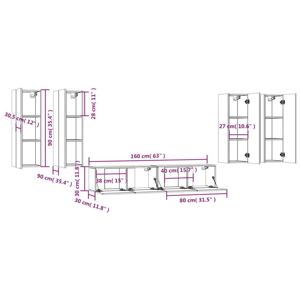 -Delige Tv-Meubelset Bewerkt Hout Kleurig 30.5 x 30 x 90 cm Gerookt eiken