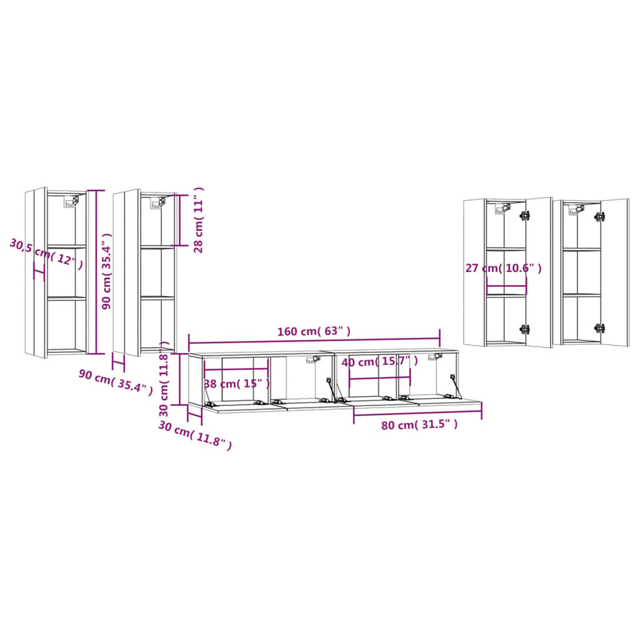 -Delige Tv-Meubelset Bewerkt Hout Kleurig 30.5 x 30 x 90 cm Gerookt eiken