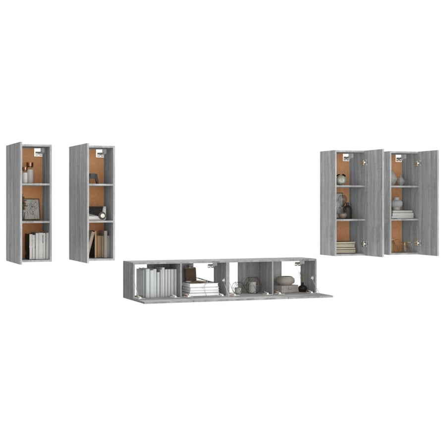 6-Delige Tv-Meubelset Bewerkt Hout Grijs Sonoma Eikenkleurig 30.5 x 30 x 90 cm