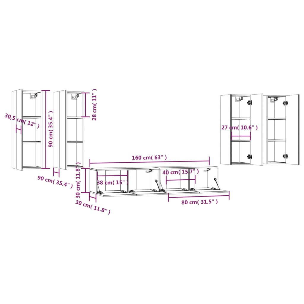 6-Delige Tv-Meubelset Bewerkt Hout Grijs Sonoma Eikenkleurig 30.5 x 30 x 90 cm