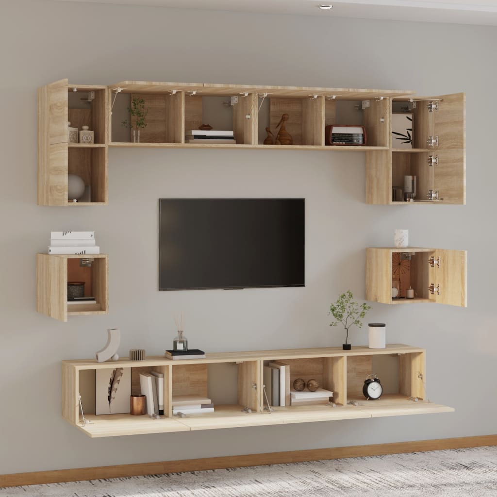 8-Delige Tv-Meubelset Bewerkt Hout Kleurig 100 cm Sonoma eiken