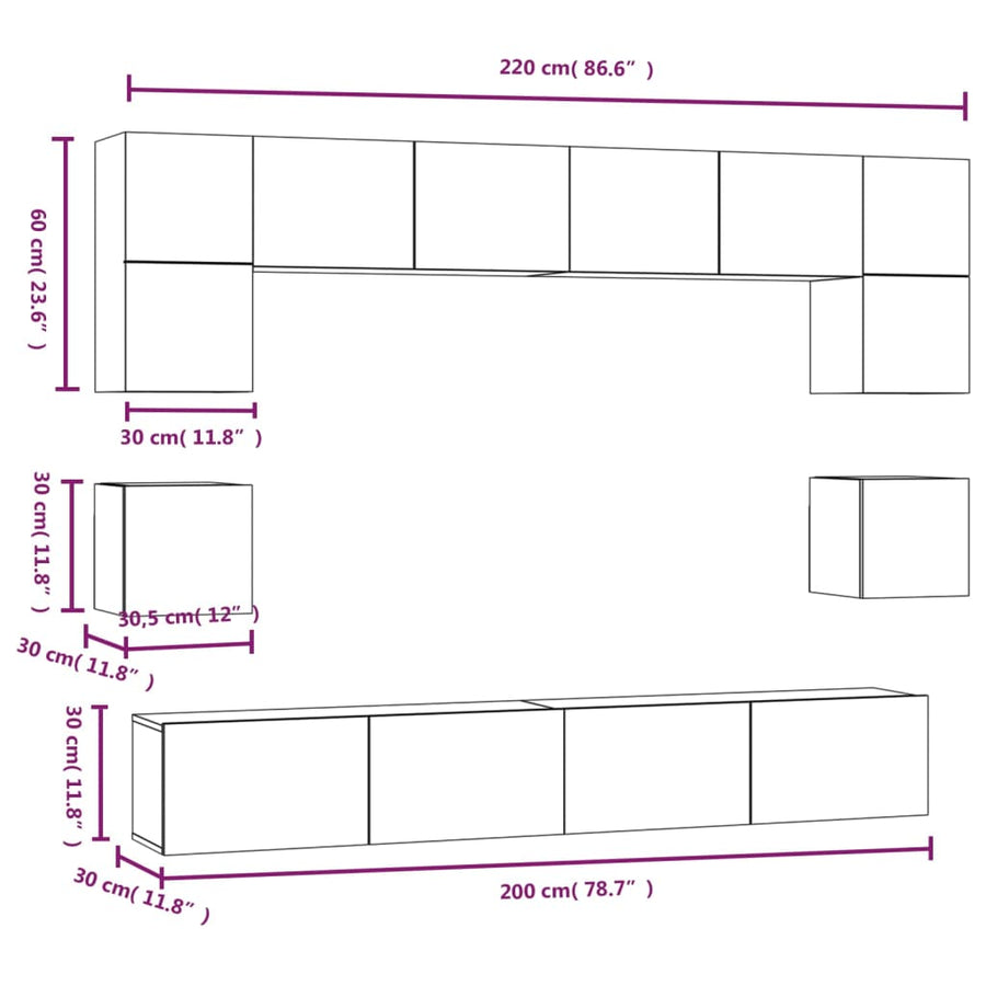 8-Delige Tv-Meubelset Bewerkt Hout Kleurig 100 cm