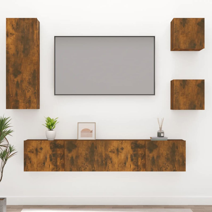 5-Delige Tv-Meubelset Bewerkt Hout Gerookt Eikenkleurig