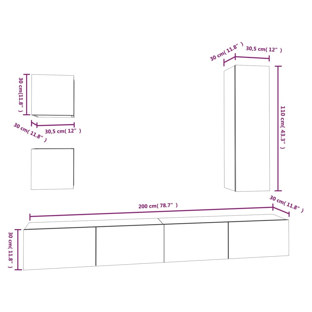 5-Delige Tv-Meubelset Bewerkt Hout Betongrijs 100 x 30 x 30 cm
