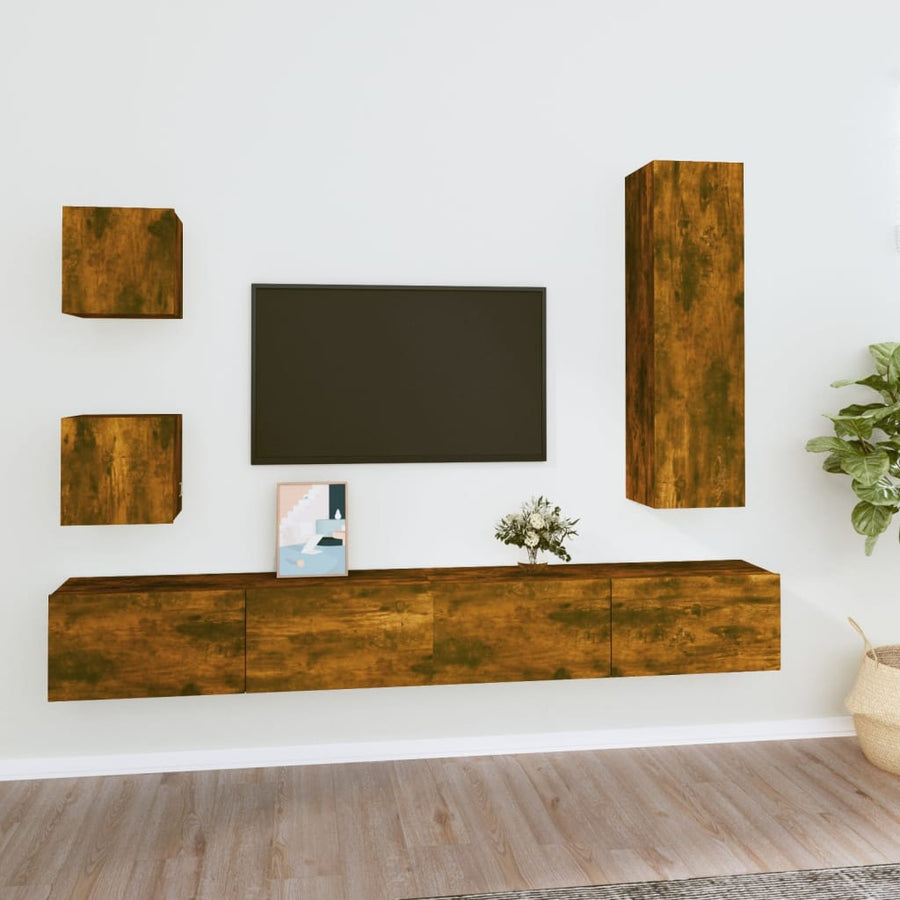 5-Delige Tv-Meubelset Bewerkt Hout Gerookt Eikenkleurig