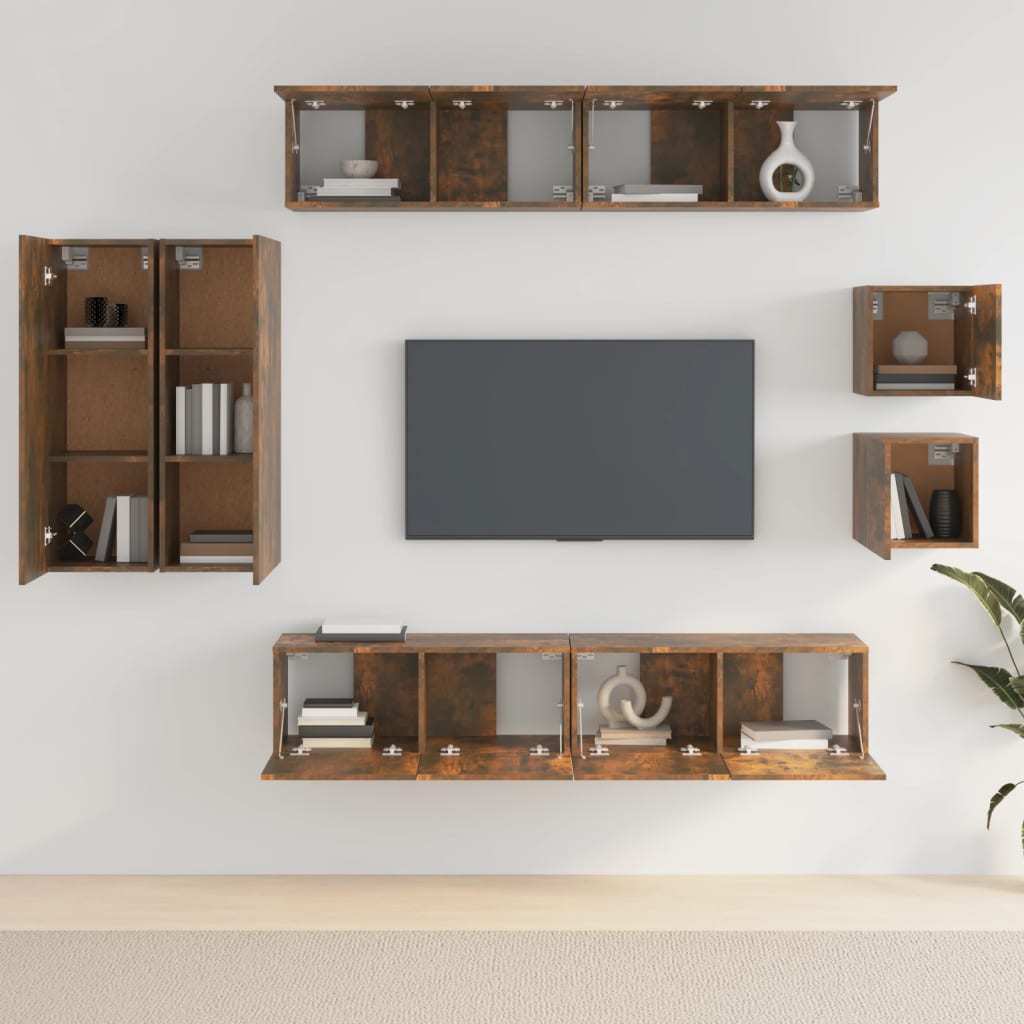 8-Delige Tv-Meubelset Bewerkt Hout Kleurig Gerookt eiken