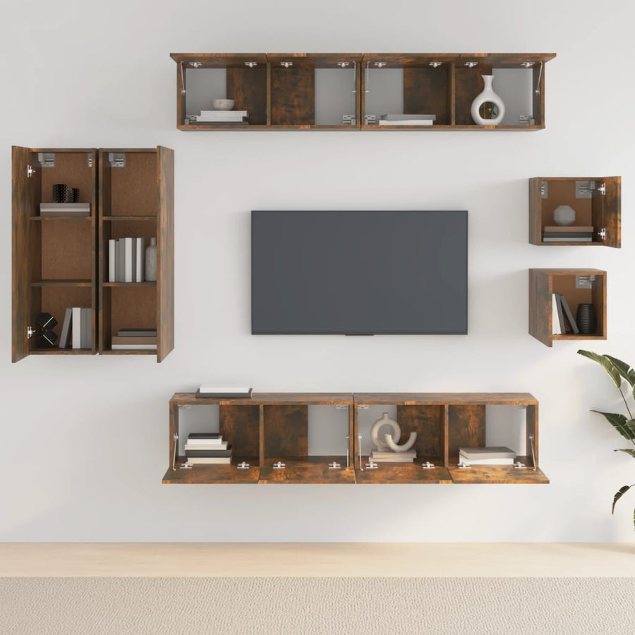 8-Delige Tv-Meubelset Bewerkt Hout Kleurig Gerookt eiken