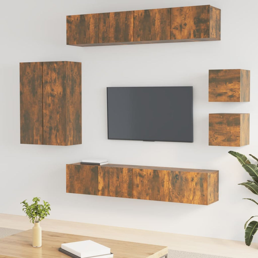 8-Delige Tv-Meubelset Bewerkt Hout Kleurig Gerookt eiken