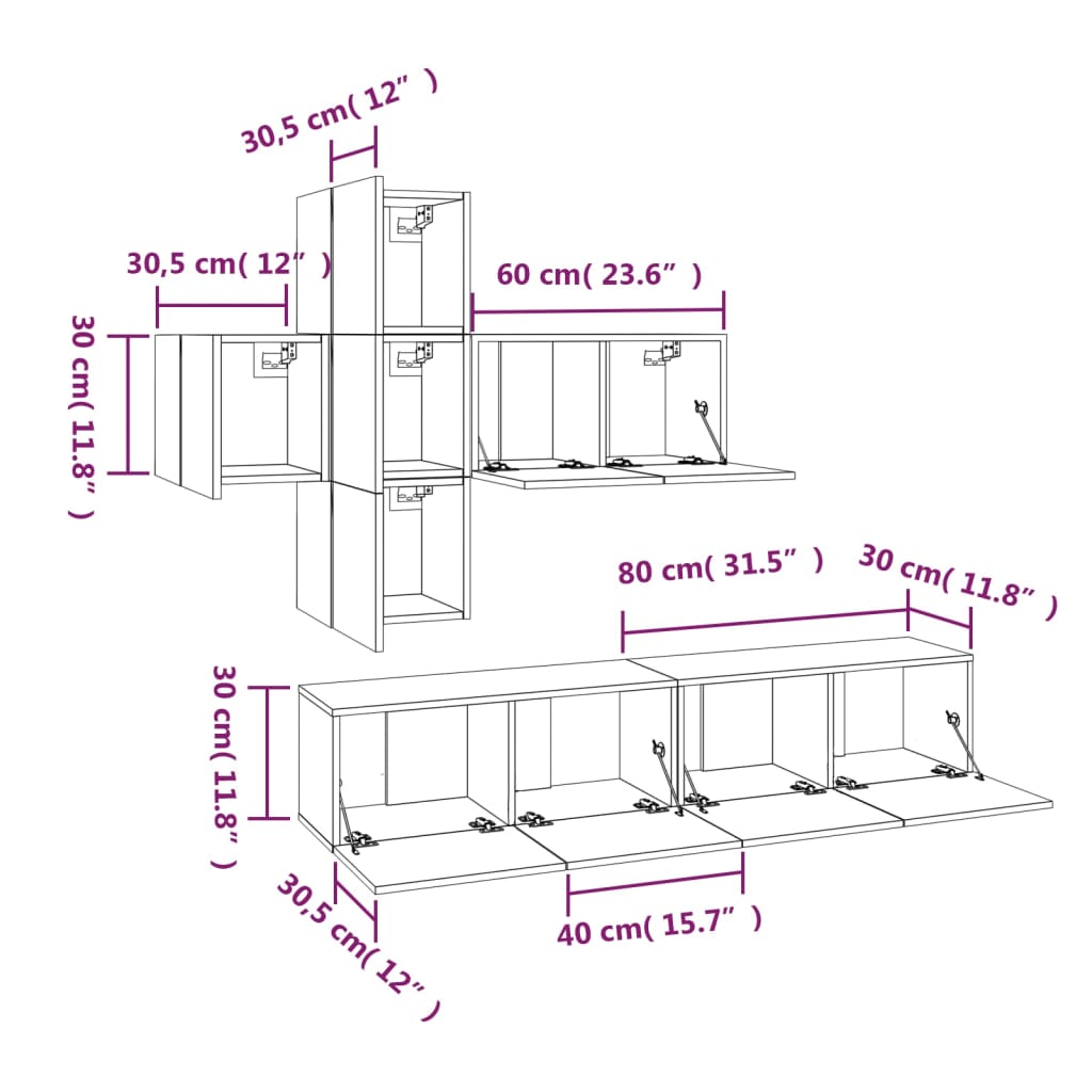 -Delige Tv-Meubelset Bewerkt Hout Eikenkleurig 60 x 30 x 30 cm Grijs sonoma