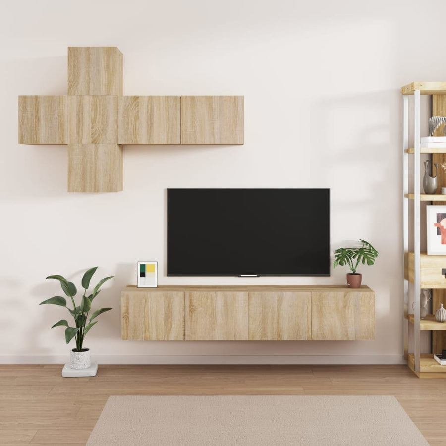 7-Delige Tv-Meubelset Bewerkt Hout Kleurig 80 x 30 x 30 cm Sonoma eiken