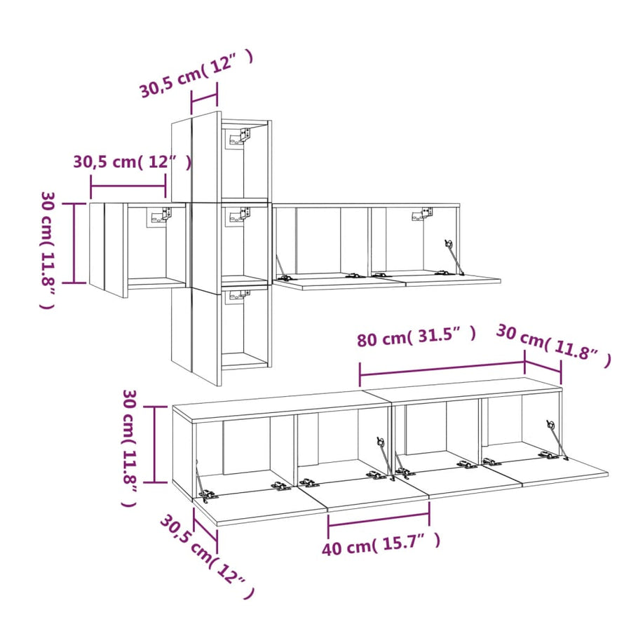 7-Delige Tv-Meubelset Bewerkt Hout 80 x 30 x 30 cm Betongrijs