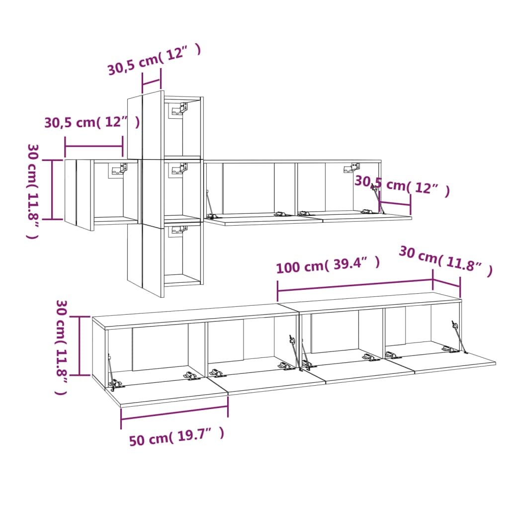 7-Delige Tv-Meubelset Bewerkt Hout Kleurig 100 x 30 x 30 cm Sonoma eiken