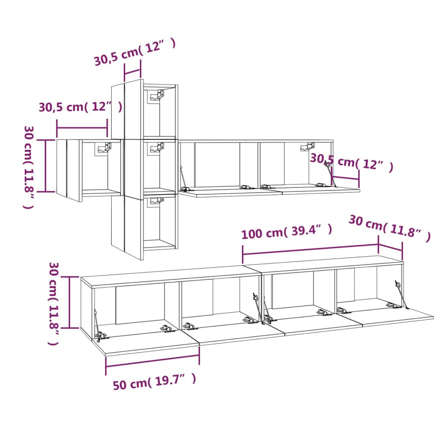 7-Delige Tv-Meubelset Bewerkt Hout Kleurig 100 x 30 x 30 cm Sonoma eiken