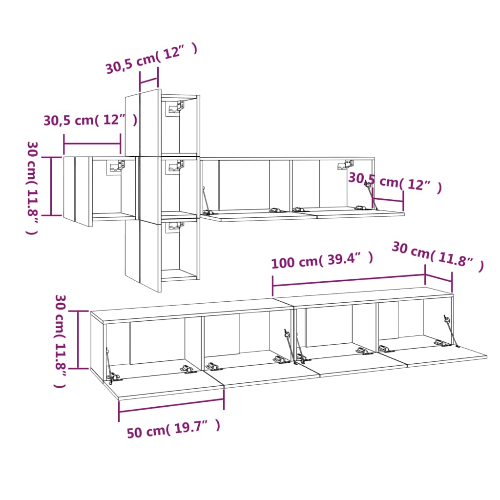 7-Delige Tv-Meubelset Bewerkt Hout 100 x 30 x 30 cm Betongrijs