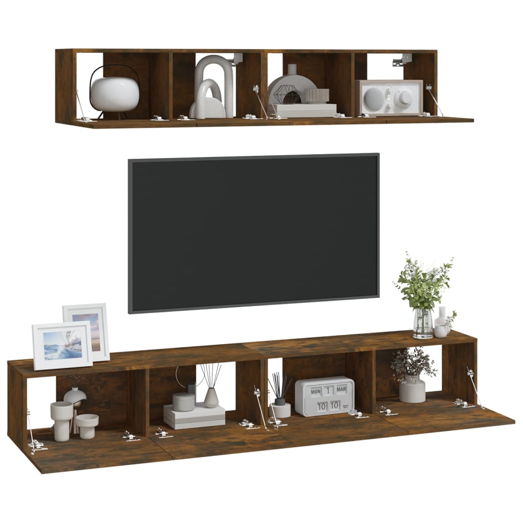 4-Delige Tv-Meubelset Bewerkt Hout Kleurig 80 x 30 x 30 cm Gerookt eiken